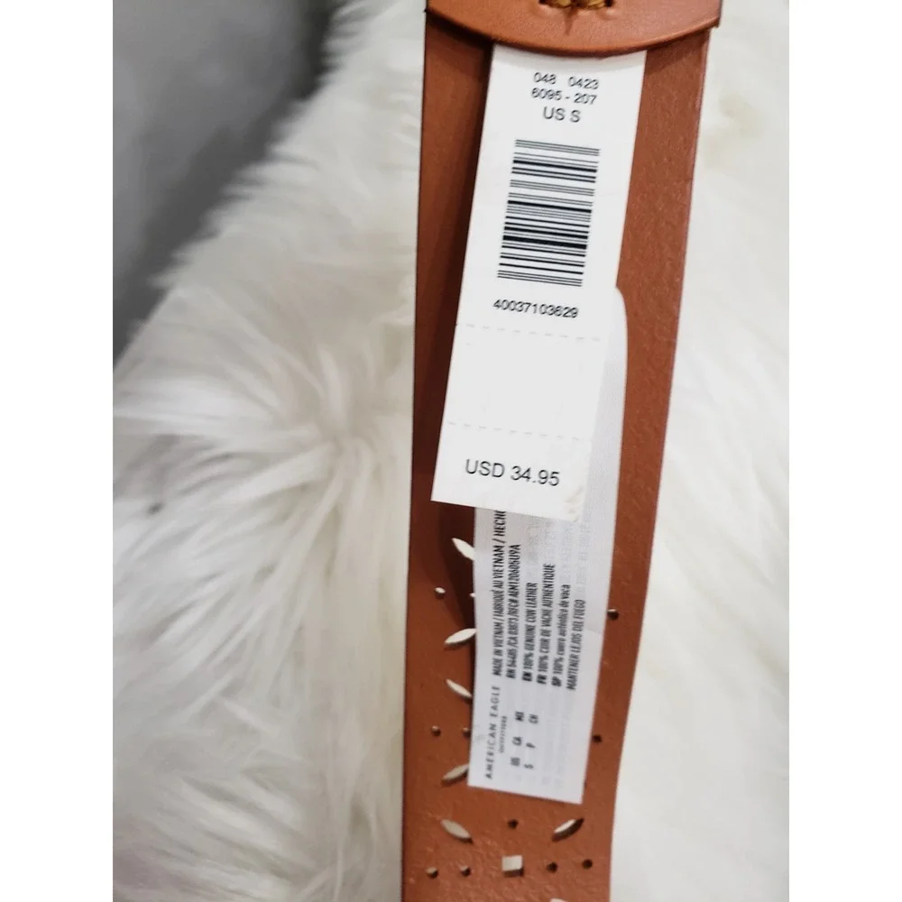 NEW SMALL - American Eagle Women Belt‎ Tan Genuine Leather Cutout Boho Hippie
